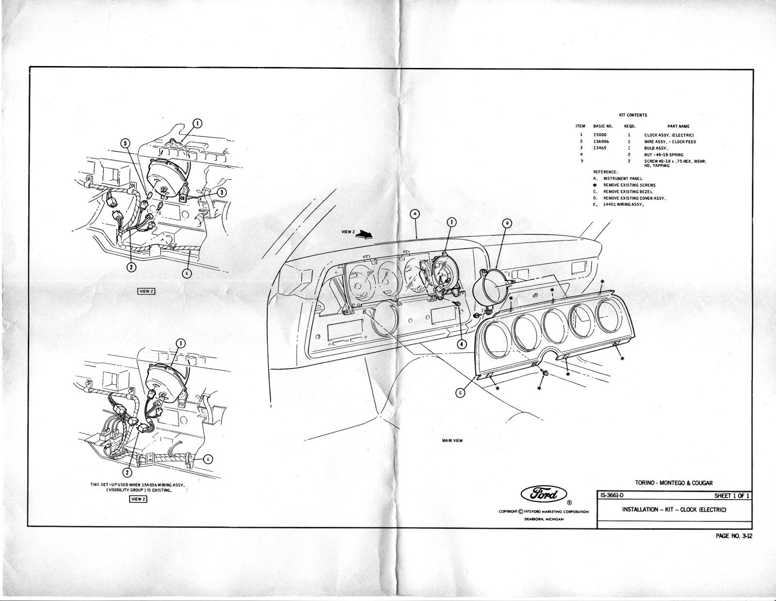 Installation Clock Kit Dearborn 1973